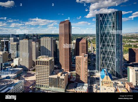 Downtown Calgary, The Bow, city tallest building on right, view from window of Calgary Tower ...