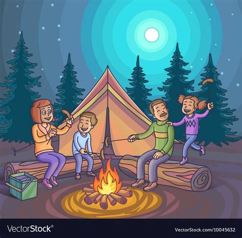 Happy family camping with campfire at night. Vector Illustration. Download a Free Preview or ...