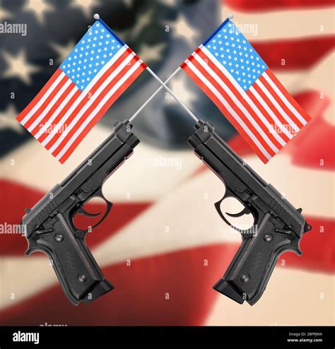 Firearms and American flag on background. Gun control concept Stock Photo - Alamy