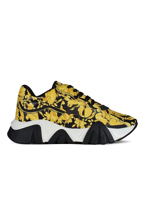 Men luxury sneakers - Versace Sneakers in black leather and yellow print