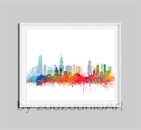 Chicago Skyline Art Print Watercolor Art Poster Chicago - Etsy