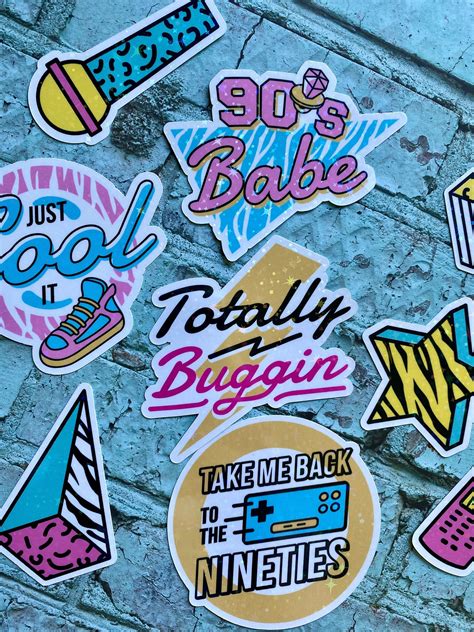 This listing is for a pack of 9 waterproof vinyl holographic vintage 90's themed stickers ...