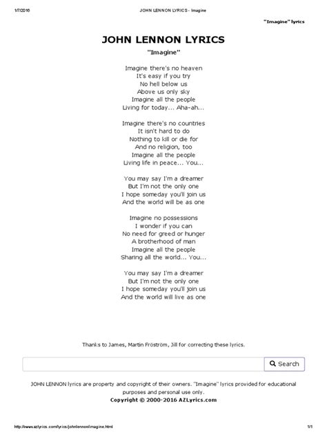 John Lennon Lyrics - Imagine | PDF - Worksheets Library