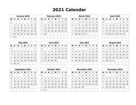 Printable Yearly Calendar 2021 Monthly Calendar Template Word