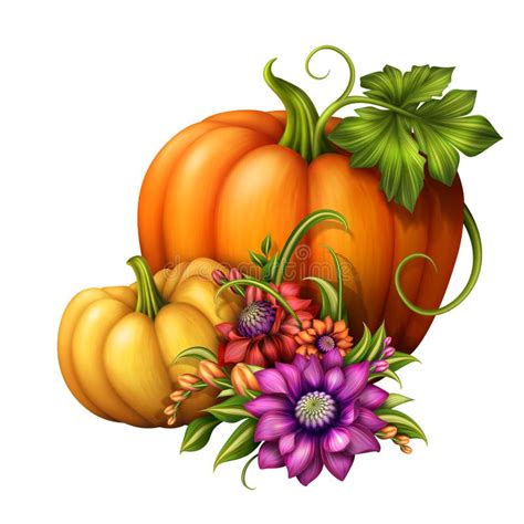 Autumn Pumpkins With Seasonal Flowers, Illustration Isolated On White Background Stock ...