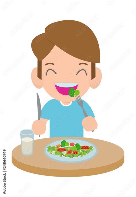 Cute cartoon happy boy eating salad. Healthy vegetable food and children vector illustration ...