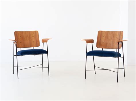 1950s modern iron bentwood teak & blue velvet armchairs | #110730
