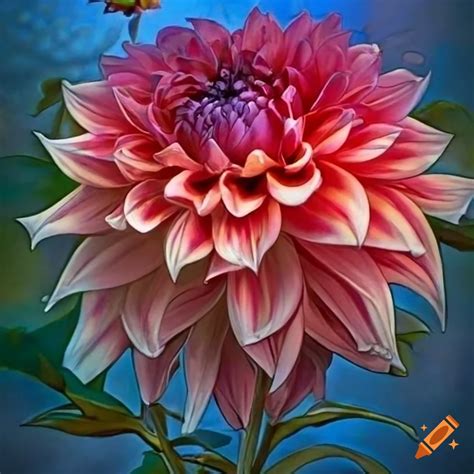 Detailed art nouveau drawing of a dahlia