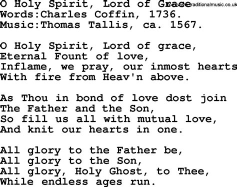 Pentecost Hymns, Song: O Holy Spirit, Lord Of Grace - lyrics and PDF