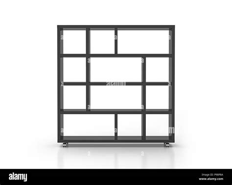 Empty black bookcase shelves on wheels isolated on white background. Include clipping path. 3d ...