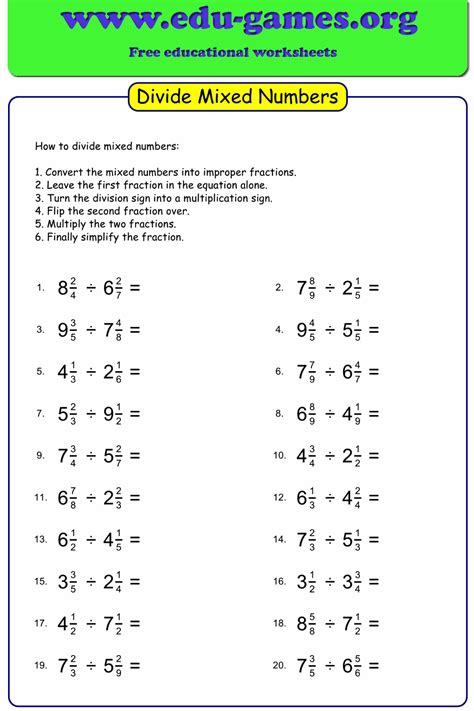 Free worksheets for dividing mixed numbers. Mixed Fractions Worksheets, Learning Fractions ...