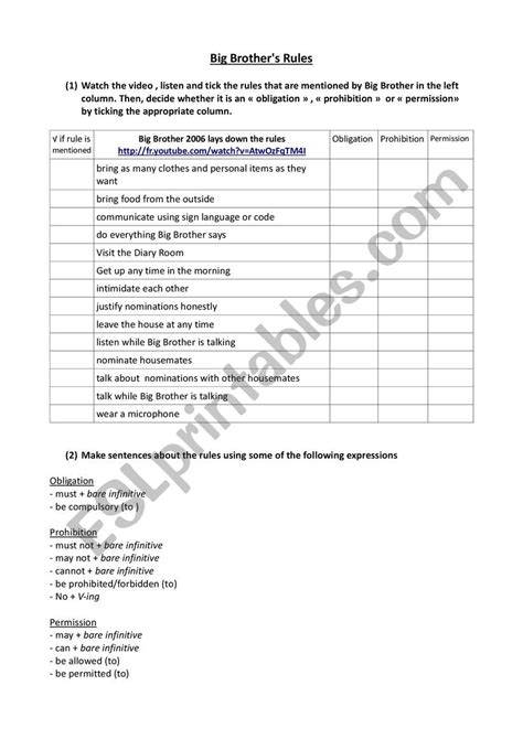 Big Brother´s rules - ESL worksheet by wyattenette