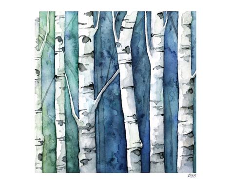 Watercolor Birch Trees Painting Print Titled blue - Etsy