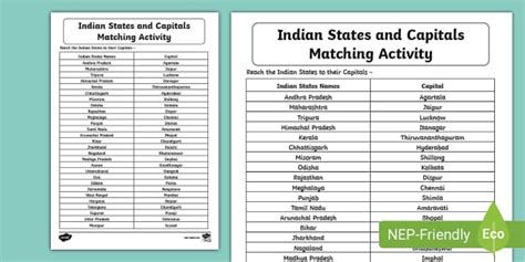 Indian States and Capitals Matching Activity (teacher made)