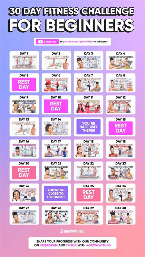 30 Day Fitness Challenge for Beginners - Growwithjo | Workout challenge ...