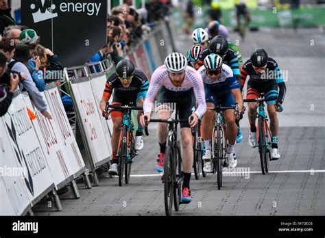 Riders racing in the elite men's 2018 OVO Energy Tour Series cycle race ...