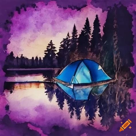 Starry night camping scene beside a forest lake with a purple sky