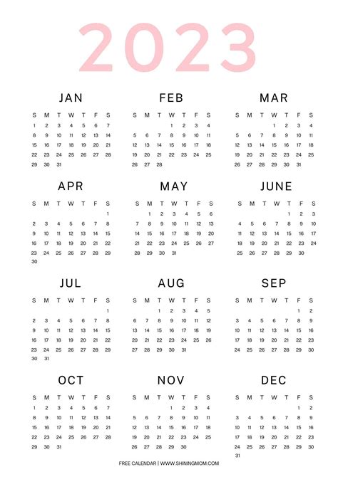 Year 2023 Calendar | Free One-Page Calendar Templates