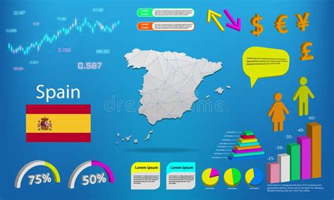 Spain Map Info Grafikdiagramme Symbolelemente Und Icons Sammlung. Detaillierte Spain-Karte Mit ...