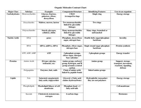 Macromolecules Chart Worksheets