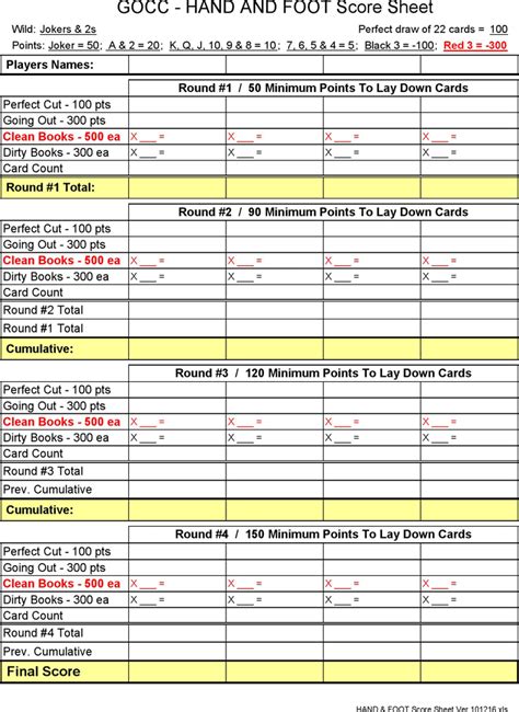 Hand and Foot Score Sheet - Template Free Download | Speedy Template