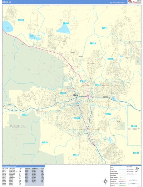 Reno Nevada Zip Code Wall Map (Basic Style) by MarketMAPS - MapSales