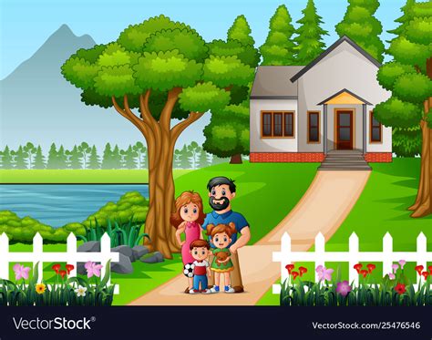 Cartoon family in front house yard Royalty Free Vector Image