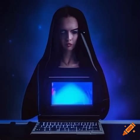 Woman working with computer in space on Craiyon