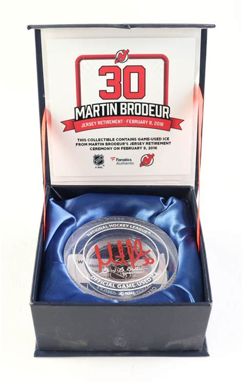 Martin Brodeur Signed 2016 Jersey Retirement Commemorative Crystal Hockey Puck with Game-Used ...