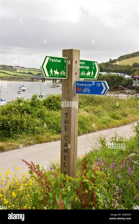 Sign direction marker post on the Camel trail cycle route at Padstow ...