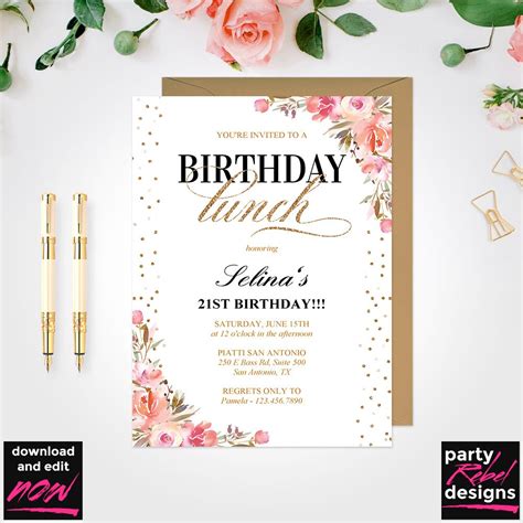 Birthday Lunch Invitation Floral Birthday Invitation - Etsy