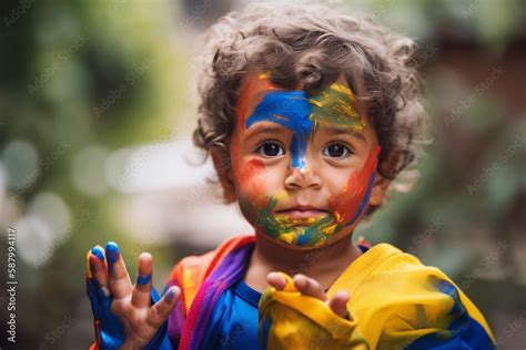 Little Boy Toddler with Paint on his Face and Hands Dressed as Super ...