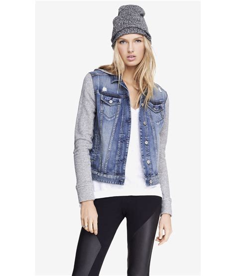 Lyst - Express Sweatshirt Sleeve Hooded Denim Jacket in Blue