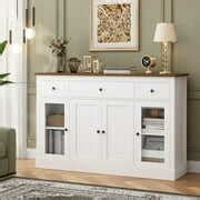 Homfa 55.1'' W Kitchen Buffet Sideboard, 3 Drawer Glass Door Accent ...