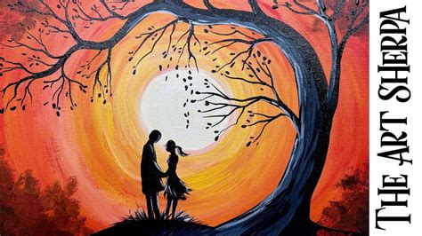 Sunset Couple in Love under a Tree 🌟🎨 EASY FIRST painting for beginners ...