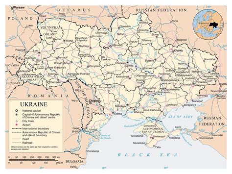 Large political and administrative map of Ukraine with roads, railroads ...