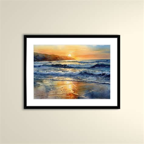 Beach Sunset Watercolor Painting, Sunset Over Ocean Painting, Printable ...