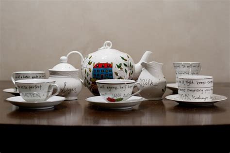 Jane Austen Tea Set Hand painted white teapot with vintage