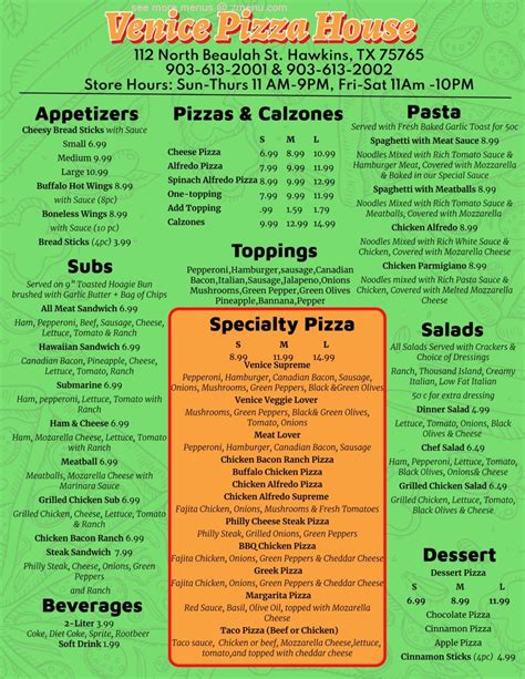 Menu at Venice Pizza House restaurant, Hawkins