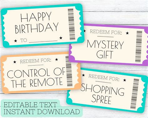 Birthday Coupon Book | Editable Birthday Vouchers | Printable Ticket Template | Surprise ...