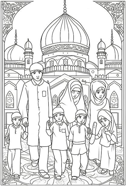 Premium Photo | Kid coloring page of moslem parents and their kids halaman mewarnai keluarga muslim