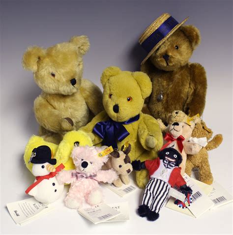 Six modern Steiff keyring teddy bears, a Steiff porcelain child's tea set, boxed, and a Deans b