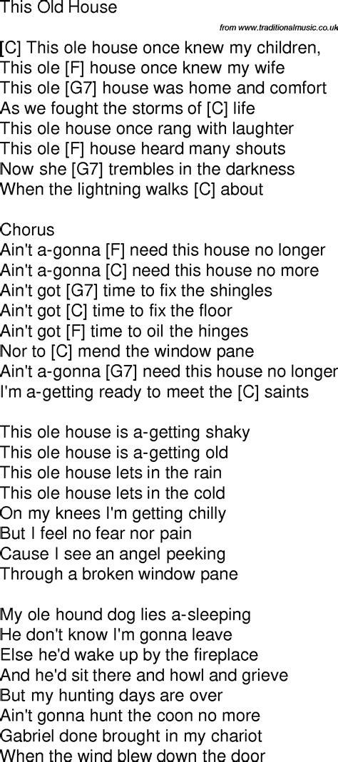 Old time song lyrics with guitar chords for This Old House C