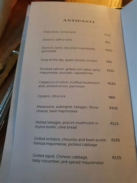 Menu at Saint Restaurant, Sandton