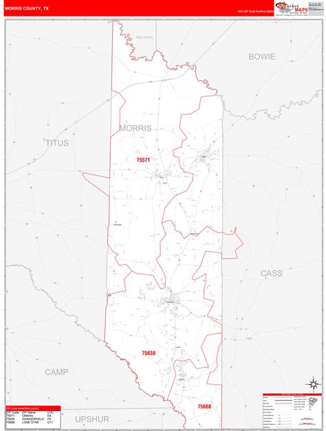 Morris County, TX Zip Code Wall Map Red Line Style by MarketMAPS