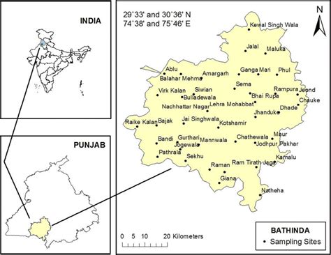 Study area map of Bathinda, Punjab showing sampling sites and... | Download Scientific Diagram