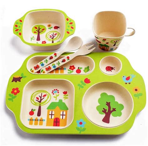 5pc/set bamboo fiber children/kids/baby cutlery sets 100% green dinner plate bowl, water cup ...