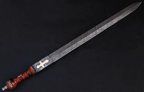 CUSTOM HANDMADE DAMASCUS STEEL SWORD WITH LEATHER SHEATH – NB Knives