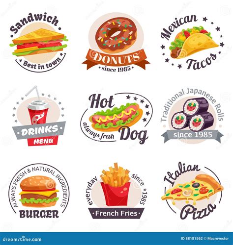 Fast Food Labels Set stock vector. Illustration of pizza - 88181562