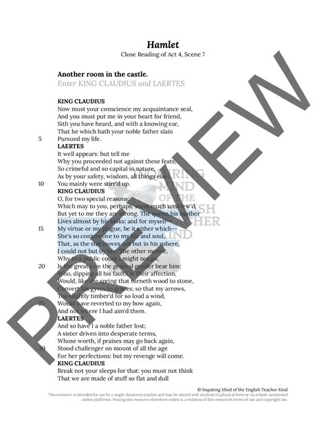 Hamlet Act 4 Scene 7 Close Reading Worksheet | Teaching Resources